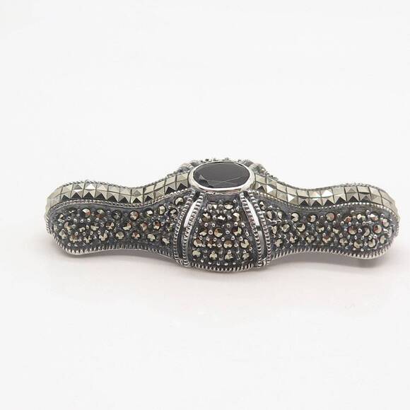 925 Sterling Silver Vintage Judith Jack Black Spinel & Marcasite Gem Pin Brooch - Picture 6 of 8